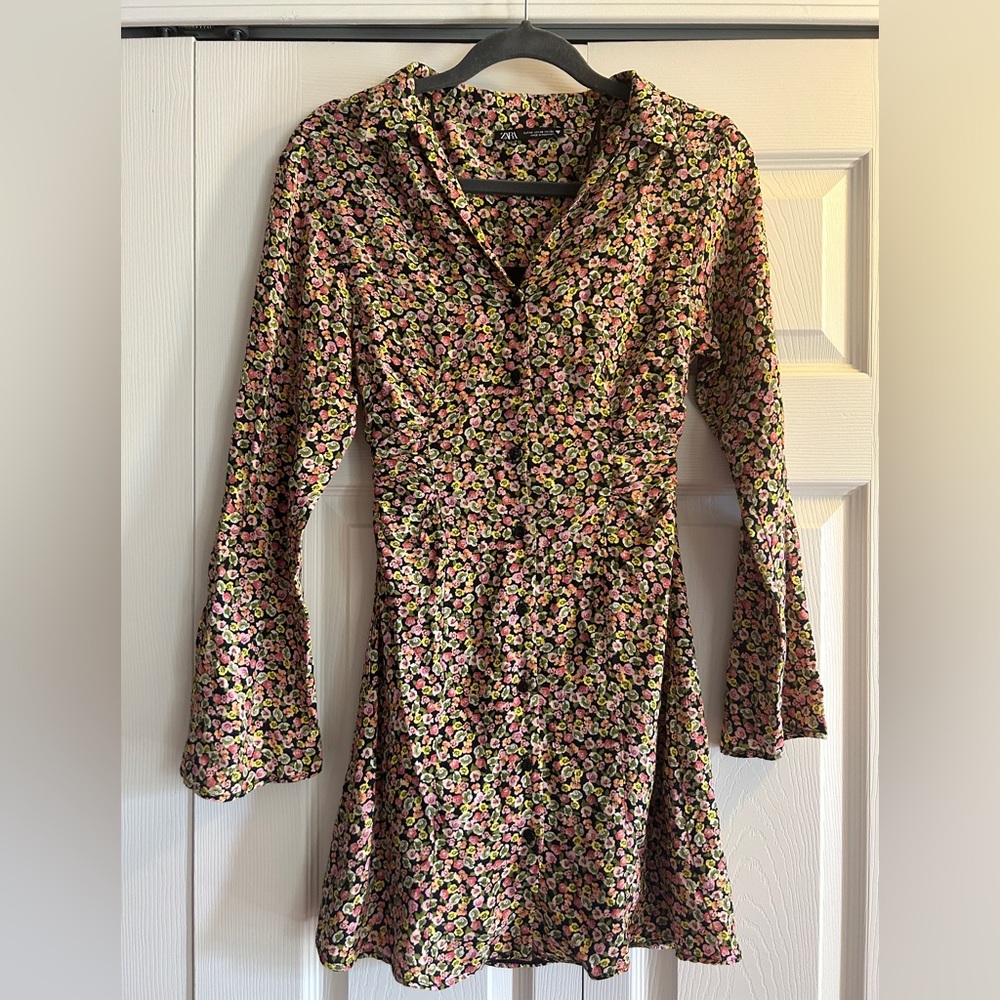 Zara Shirt Dress Ditsy Floral Flared Long Sleeve Button Front Multi Size XS